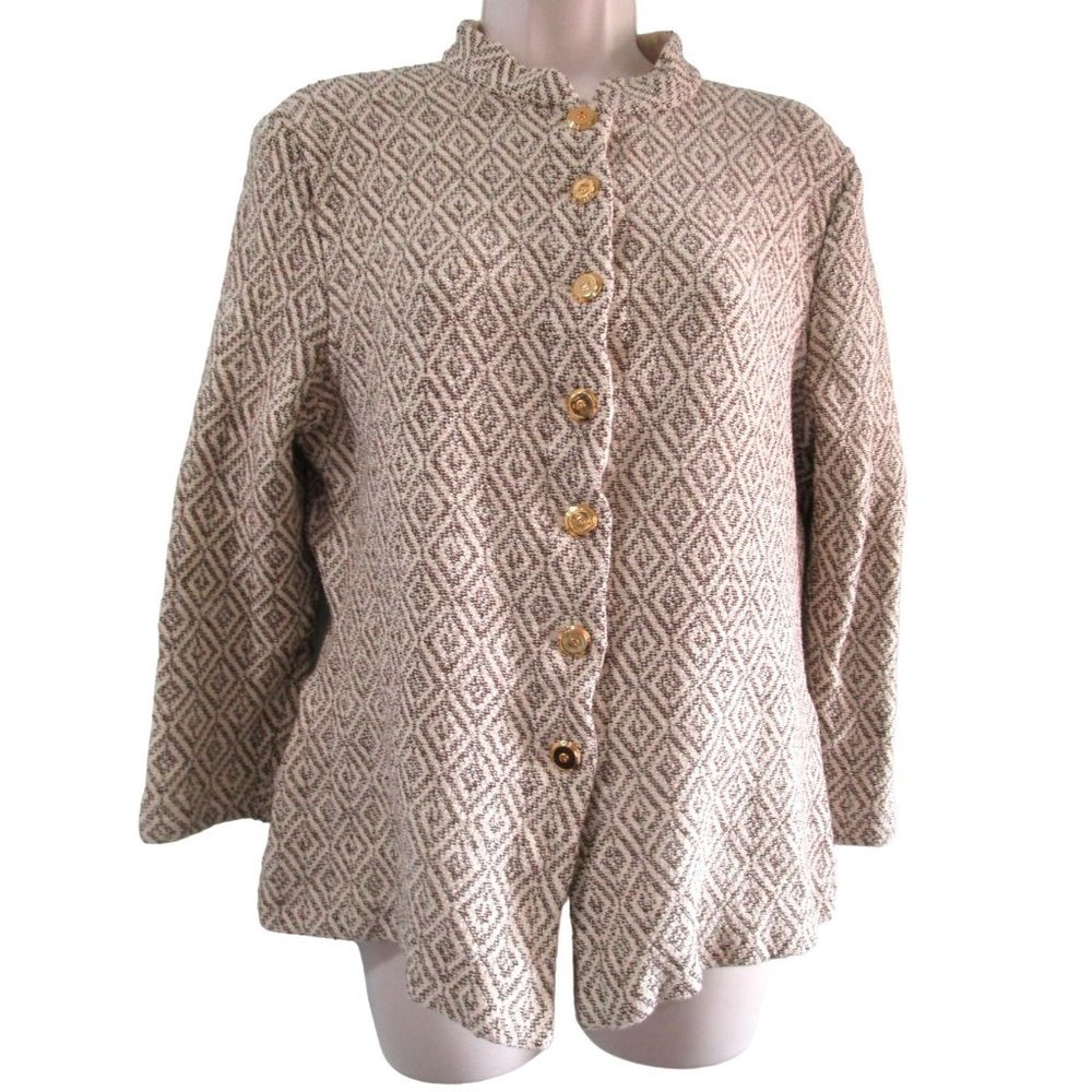 St John Marie Gray Knit Sweater Geometric Gold Button Brown Cream No Sz Tag GUC